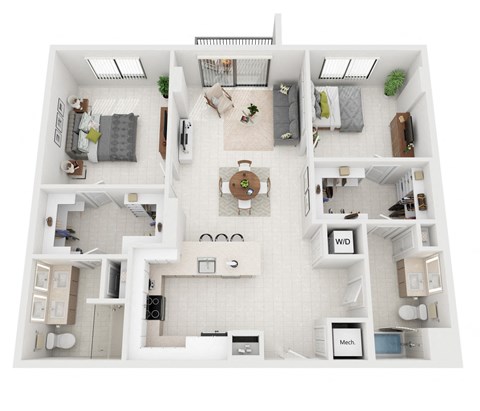 Floor plan for 2 beds, 2 baths, 1319 sqft